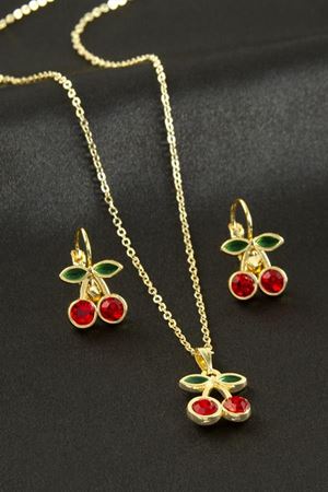 Kiraz Taşlı Set Kolye - Sarı