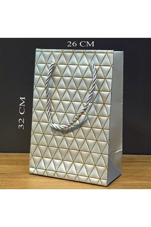 Gümüş Geometrik Desenli Büyük Boy Karton Hediye Çantası