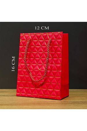Kırmızı Geometrik Desenli Mini Boy Karton Hediye Çantası