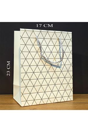 Beyaz Geometrik Desenli Orta Boy Karton Hediye Çantası