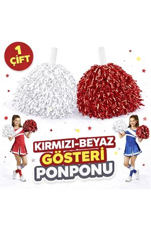1 Çift Kırmızı - Beyaz Okul Gösteri Ponponları - Ekstra Dolgun