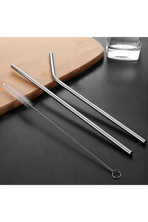 31 cm Ekstra Uzun Paslanmaz Çelik Pipet Seti – 3 Parça (Eğri + Düz + Fırça)