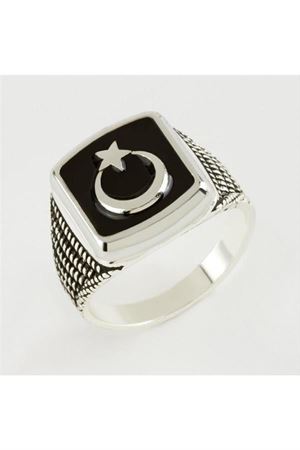 Ay Yıldız Metal Erkek Yüzük - Gümüş Rengi