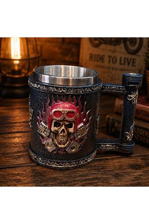 Kuru Kafa Motorcu Tasarımlı 3D Metal Kupa Bardak - Çelik İç Yüzey