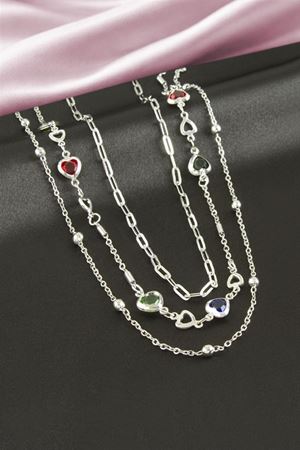 Kalp Kristal Taşlı Üçlü Kolye - Gümüş Rengi
