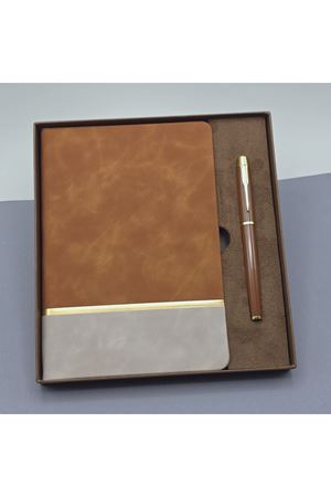 Altın Şeritli Taba Deri Defter - Kahverengi Roller Kalem - Kutulu Özel Hediye Seti