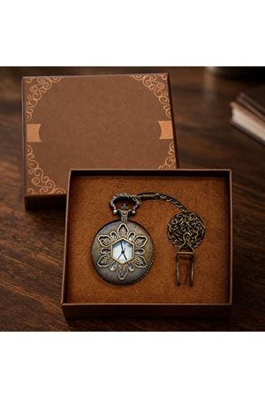 Geometrik Oymalı Tasarım - Köstekli Zincirli Cep Saati - Vintage Bronz