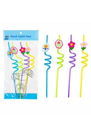 Kıvrımlı Renkli Plastik Pipet - Figürlü Tasarım - 4'lü Paket