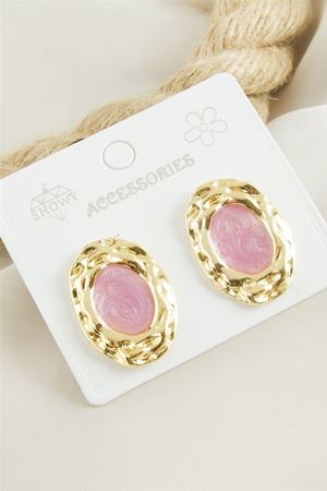 Oval Mineli Küpe - Pembe