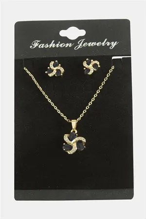 Çiçek Damla Zirkon Taşlı Set Kolye - Siyah