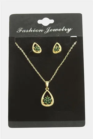 Oval Kartanesi Zirkon Taşlı Set Kolye - Yeşil