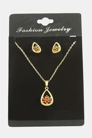Oval Kartanesi Zirkon Taşlı Set Kolye - Kırmızı