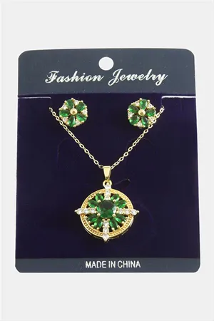 Çiçek Zirkon Taşlı Set Kolye - Siyah