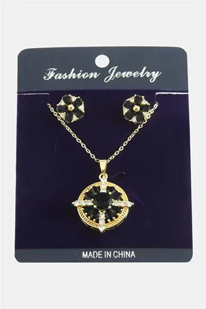 Çiçek Zirkon Taşlı Set Kolye - Siyah
