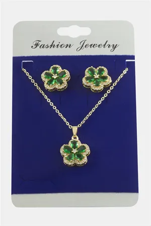 Çiçek Zirkon Taşlı Set Kolye - Kırmızı