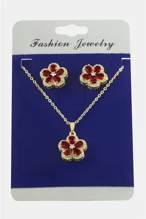 Çiçek Zirkon Taşlı Set Kolye - Kırmızı