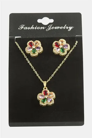 Çiçek Zirkon Taşlı Set Kolye - Karışık Renk 1