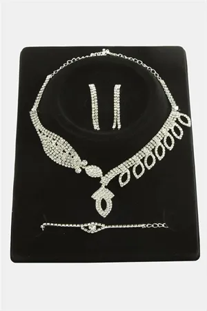 Oval Taşlı Lüks Set Kolye - Gümüş Rengi