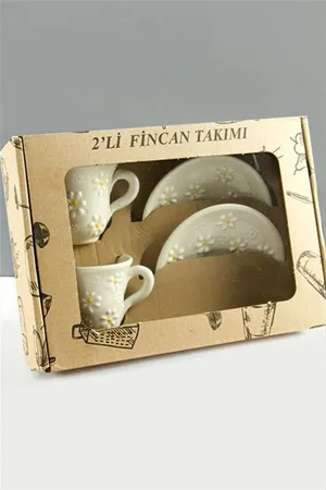 Papatya Desenli Seramik İkili Fincan Takımı - Beyaz