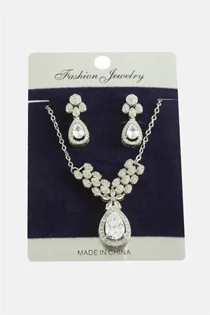 Damla Zirkon Taşlı Set Kolye - Gümüş Rengi