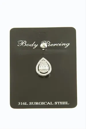 Oval Baget Taşlı Göbek Piercing  1 Adet - Gümüş Rengi
