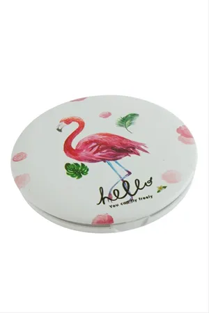 Flamingo Desenli Yuvarlak El Aynası - Beyaz