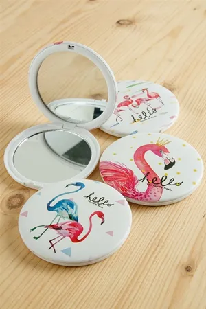 Flamingo Desenli Yuvarlak El Aynası - Beyaz