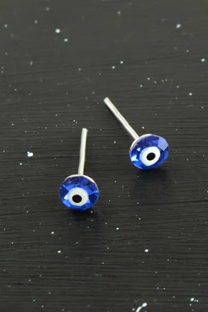 Kristal Taşlı Nazar Mineli Minik Küpe 0,4 mm - Mavi