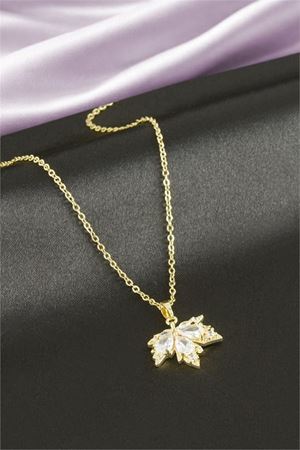 Yaprak Zirkon Taşlı Çelik Kolye - Sarı