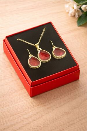 Oval Mineli Kutulu Kolye Set - Bordo