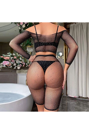 Kadın Seksi 2 Parça Taşlı Omuzları Açık Crop- Şort Vücut Çorabı