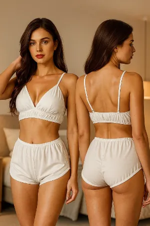 Kadın Beyaz Yüksek Bel Şortlu Bralet Takım