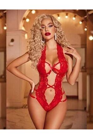 Kadın Kırmızı Dantelli Derin Dekolteli Babydoll