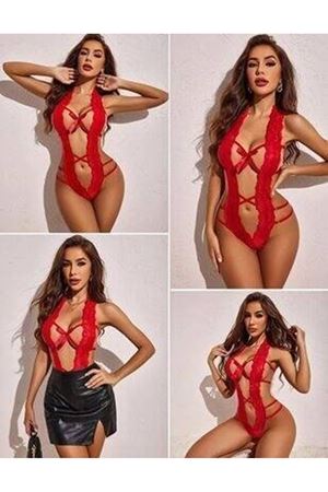 Kadın Kırmızı Dantelli Derin Dekolteli Babydoll