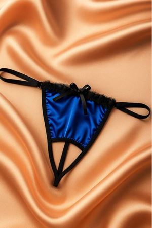 Kadın Mavi Fiyonk Detaylı Saten G-String Külot
