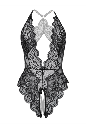 Kadın Siyah Dantel Derin Dekolteli Babydoll