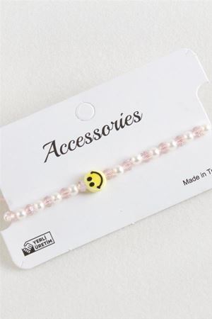 Emoji İnci Kristal Makrome İp Bileklik - Pembe