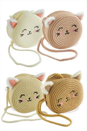Kedi Kulaklı Hasır Çanta - Açık Pembe