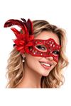 Kırmızı Tüylü Balo Maskesi