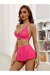 Kadın Pembe Dantel ve Tül Detaylı Bralet Takımı