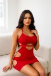 Kadın Kırmızı Desenli Transparan Mini Fantezi Kostüm